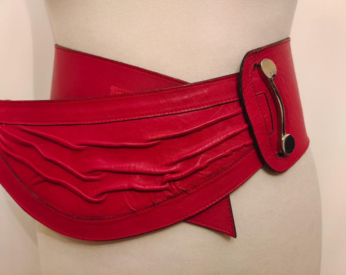 80's Vintage Extra Wide Red Real Leather Belt by Leo Isba Made in France