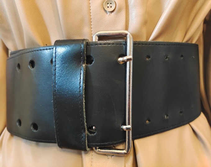 90's Vintage Extra Wide Black Real Leather Double Prong Belt