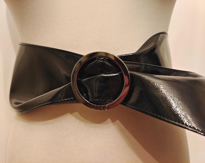 Extra Wide Black Patent Faux Leather Adjustable Belt by Liu Jo