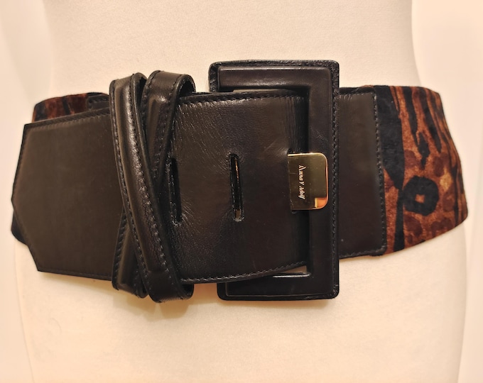 Extra Wide Leather & Elastic Fabric Velvet Animal Print Real Vintage 80's Belt by Anna V Adolf Made in West Germany