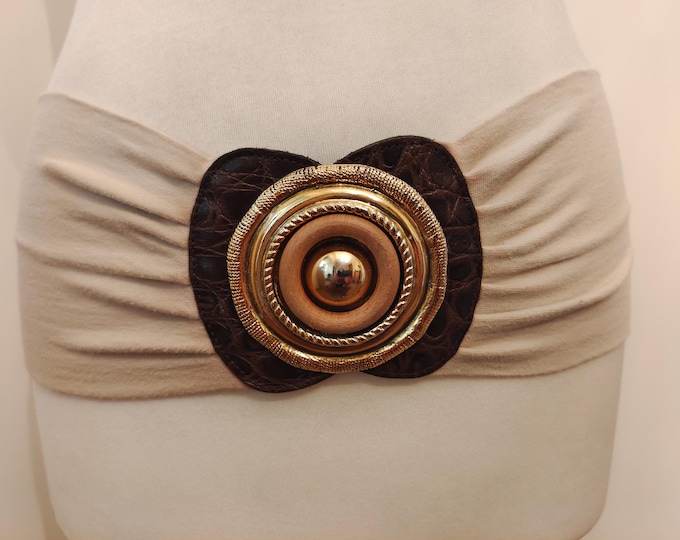80's Vintage Extra Wide Creme Elastic Belt With Golden Metal Buckle