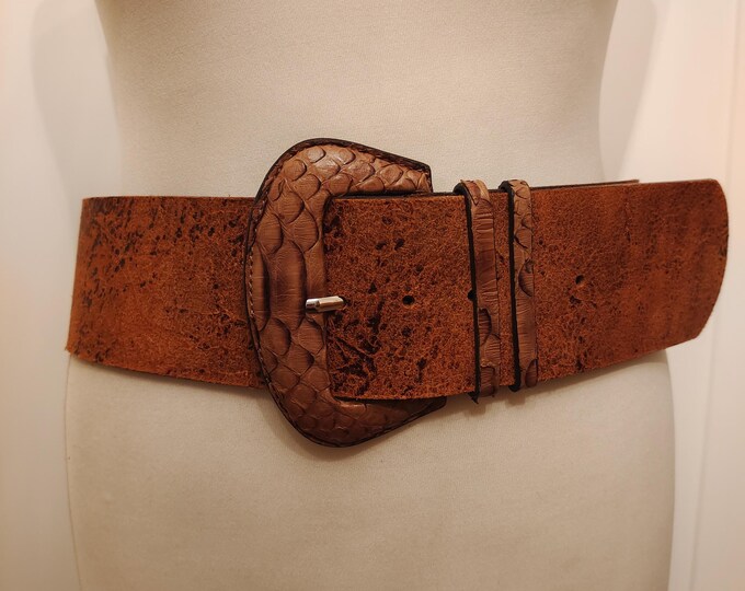 Wide Brown Real Leather Marble Pattern Belt by SAND