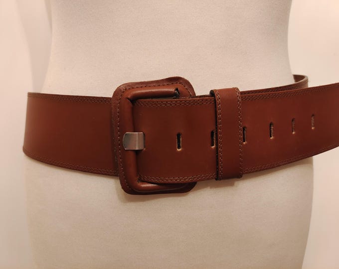 90's Vintage Wide Brown Real Leather Belt