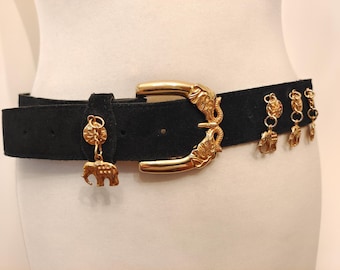 80's Vintage Black Suede Leather Belt With Golden Metal Elephants