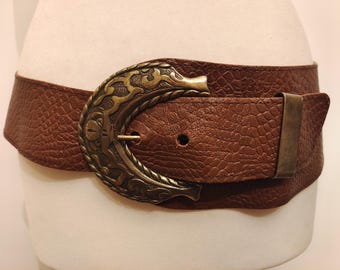 80's Vintage Extra Wide Brown Real Leather Belt With Big Metal Buckle
