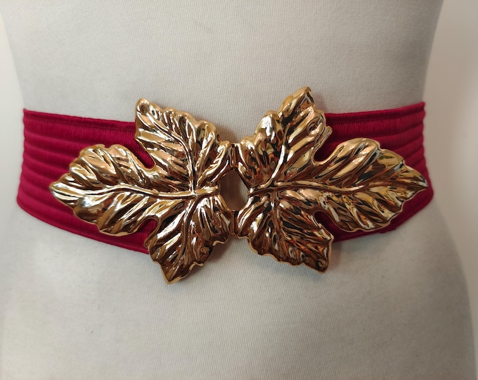 90's Vintage Dark Pink Elastic Belt With Golden Metal Leaf Buckle