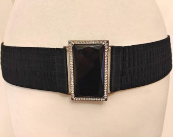 80's Vintage Wide Black Elastic Belt With Gems Buckle