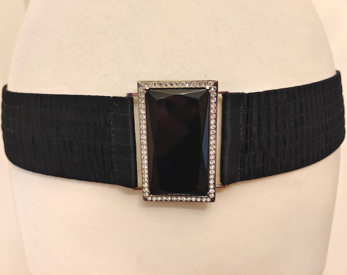 80's Vintage Wide Black Elastic Belt With Gems Buckle