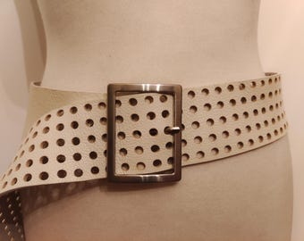 Extra Long Wide Cream Real Leather Adjustable Belt Made in Italy