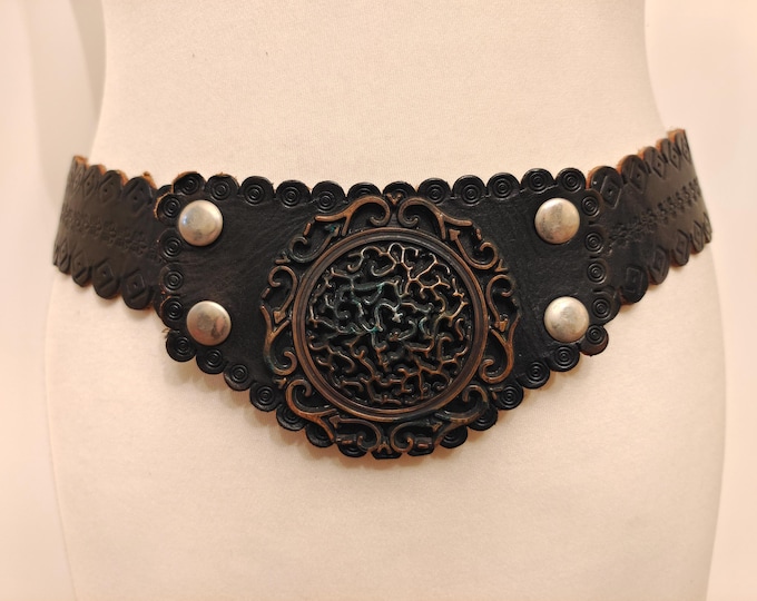 Wide Black Embossed Real Leather Vintage 90's Belt With Metal Buckle