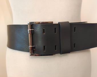 Wide Grey Real Leather Double Prong Belt by Sisley Made in Italy