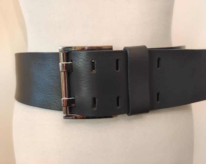 Wide Grey Real Leather Double Prong Belt by Sisley Made in Italy