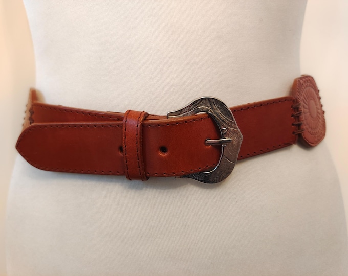 Brown Real Leather Embossed Belt With Silver Buckle