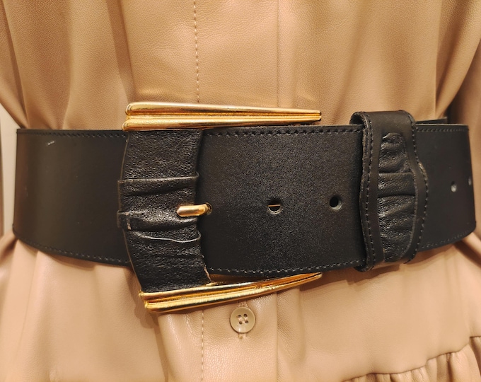 90's Vintage Black Real Leather Belt With Golden Metal Buckle