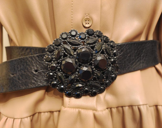 Black Real Leather Belt With Gems Buckle by Caterina