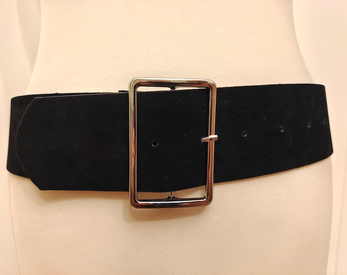 Wide Black Faux Velvet Belt With Silver Buckle