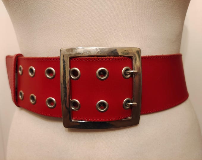 Extra Long Wide Red Real Leather Double Prong Belt With Silver Metal Buckle