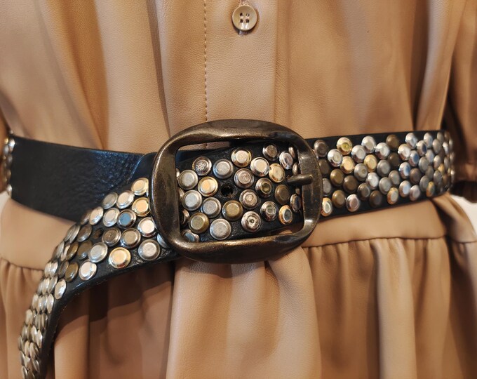 Heavy Black Real Leather Studded Belt by Depeche Made in Italy