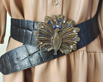 80's Vintage Black Real Leather Belt With Metal Peacock Buckle