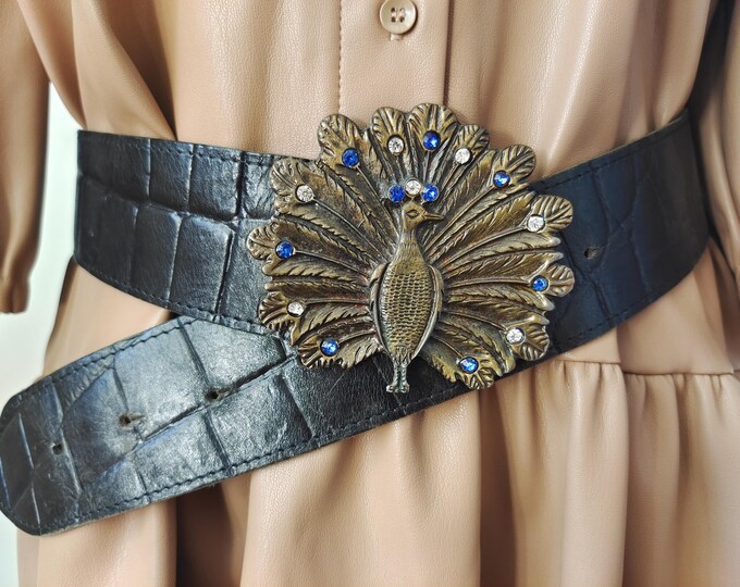 80's Vintage Black Real Leather Belt With Metal Peacock Buckle