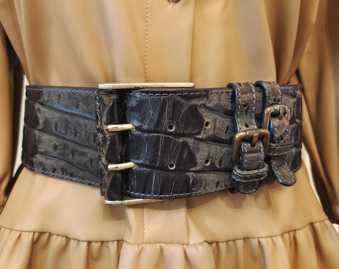 Wide Black Real Leather Double Prong Belt by Solar