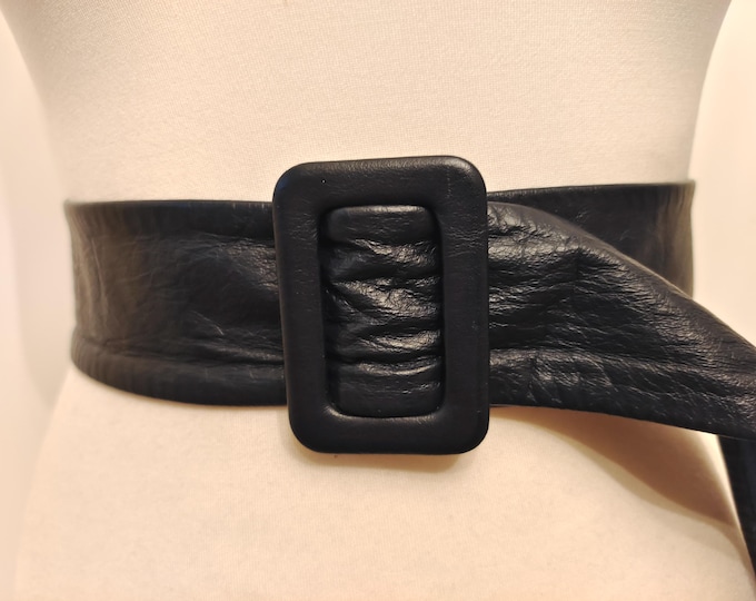 90's Vintage Wide Black Real Leather Adjustable Belt by Victory