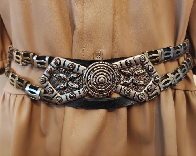 80's Vintage Black Faux Leather Belt With Silver Metal Elements