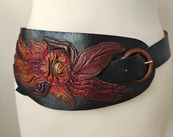 Wide Hand Made Flower Leather Real Vintage 80's Belt