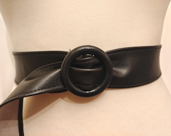80's Vintage Black Faux Leather Adjustable Belt With Round Buckle