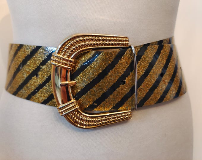 80's Vintage Wide Vinyl Belt With Golden Metal Buckle