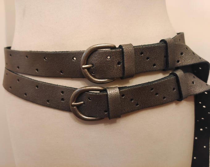Wide Silver Real Leather Belt With Two Buckles by Didi