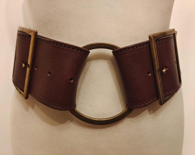90's Vintage Wide Brown Real Leather Belt With Two Metal Buckles by Frankie Morello Milan Made in Italy