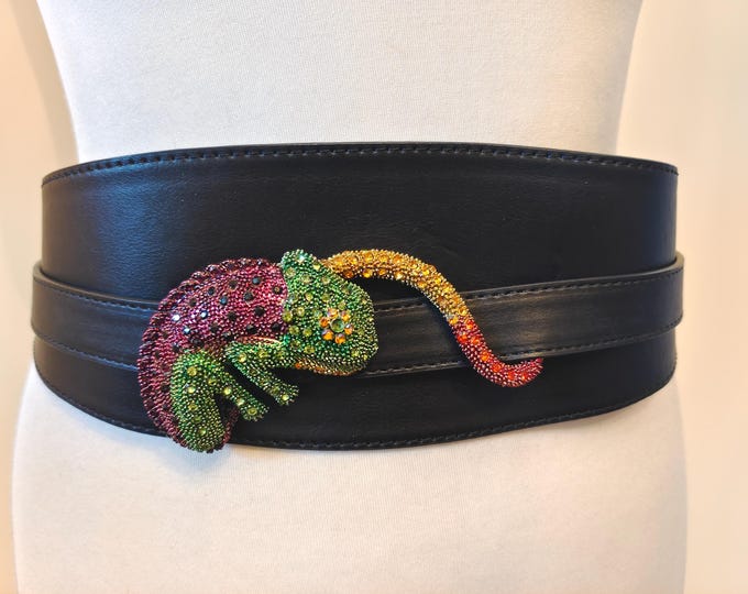 Extra Wide Black Faux Leather Cameleon Gems Buckle Belt by Zara