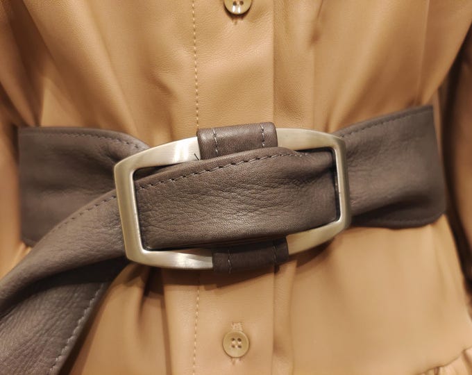 Extra Long Wide Grey Real Leather Adjustable Belt With Silver Metal Buckle