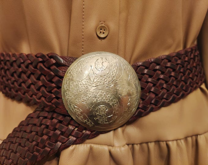 90's Vintage Brown Real Leather Woven Belt With Silver Metal Buckle