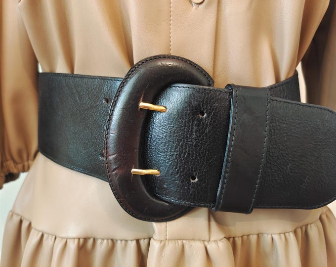 90's Vintage Wide Black Real Leather Double Prong Belt