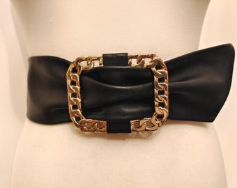 Wide Black Faux Leather Adjustable Belt With Golden Buckle by Orsay