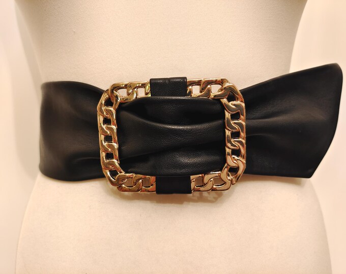 Wide Black Faux Leather Adjustable Belt With Golden Buckle by Orsay