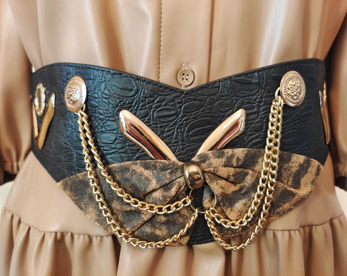 90's Wide Black Faux Leather Belt With Golden Metal Elements