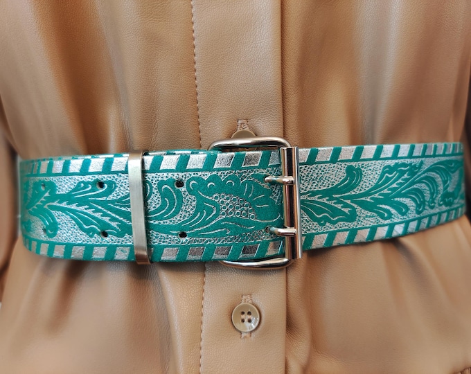 80's Vintage Silver Green Faux Leather Double Prong Belt