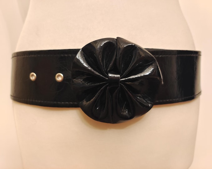 Wide Black Faux Leather Belt With Flower Buckle