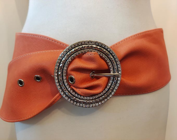 Extra Wide Peach Faux Leather Belt With Silver Gems Buckle