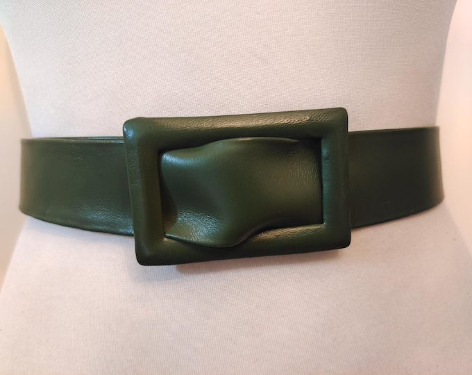 80's Vintage Olive Green Real Leather Adjustable Belt