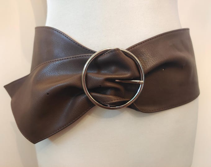 Extra Wide Brown Faux Leather Belt With Silver Buckle by Calliope