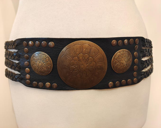 Wide Black Woven Real Leather Belt by Zaul