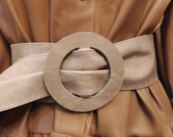 Wide Grey Real Leather Adjustable Belt With Round Buckle by RC Accessories