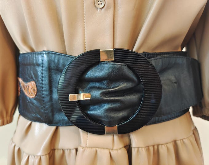 80's Vintage Extra Wide Black Real Leather Belt