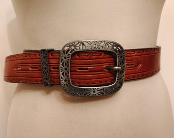 Vintage 80's Real Leather Belt With Silver Openwork Buckle