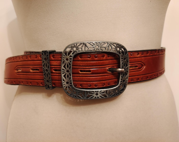 Vintage 80's Real Leather Belt With Silver Openwork Buckle