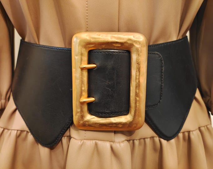 90's Vintage Wide Black Real Leather Belt With Golden Metal Buckle by Rena Lange